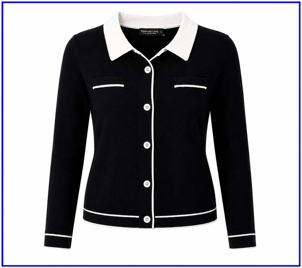 Emerson Lang Black and White Contrast Trim Collared Cardigan Sweater